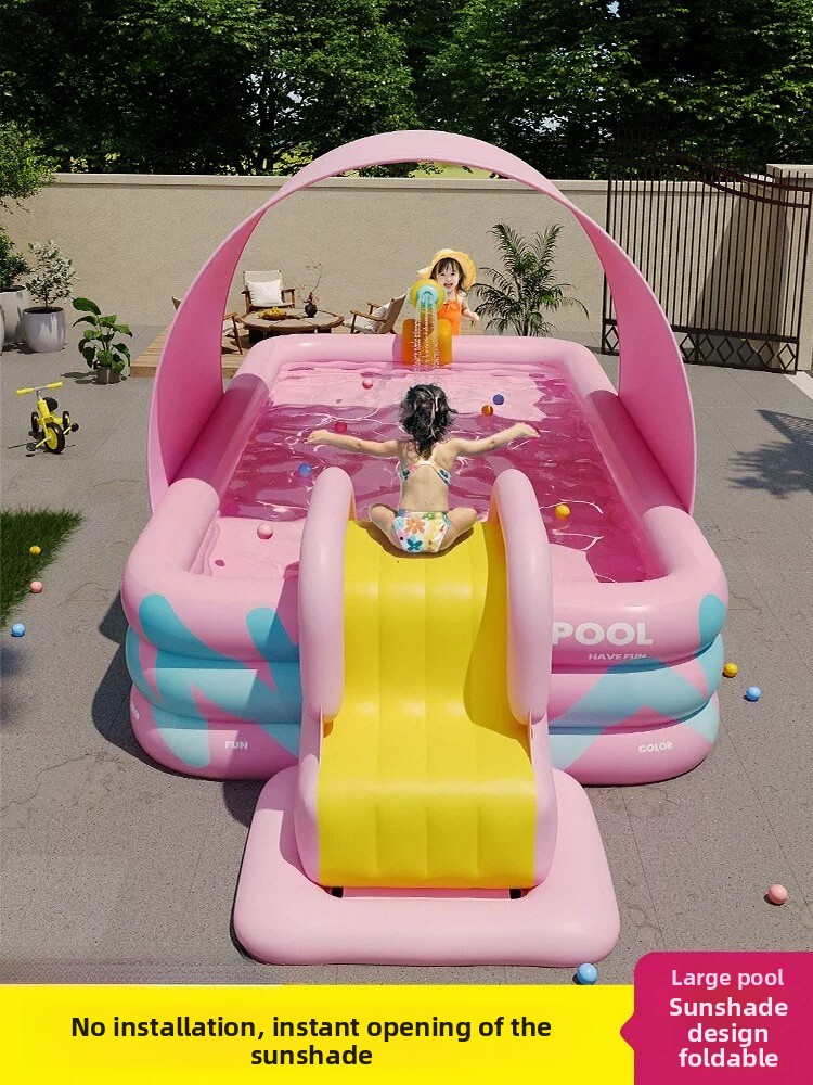 Kids Outdoor Inflatable Water Slide - Opblaasbaar zwembad met zonnescherm, glijbaan, opvouwbaar,