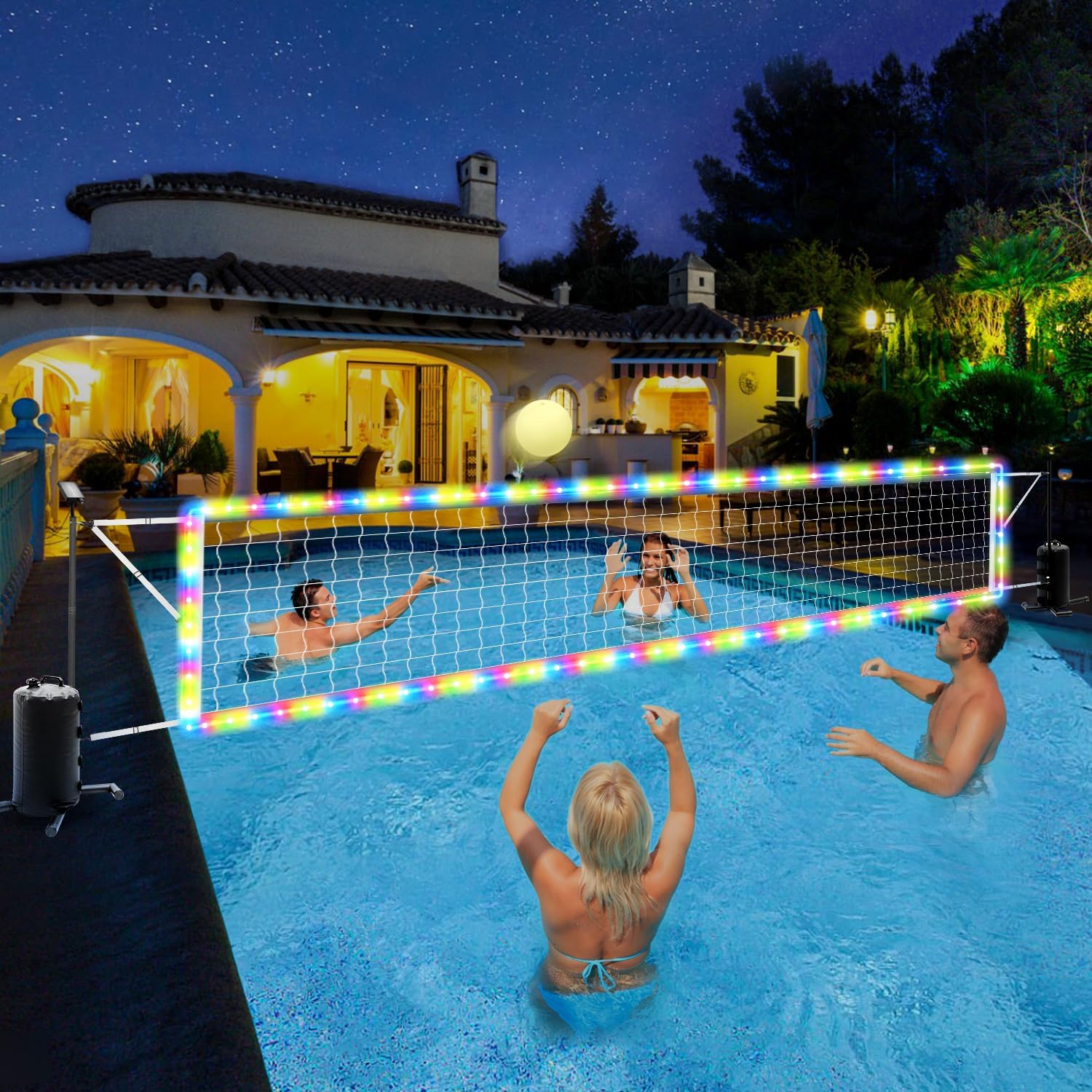 Kids Outdoor Volleyball Net - Verstelbaar watervolleybalnet voor inbouwzwembaden met zonne-LED-verlichting,