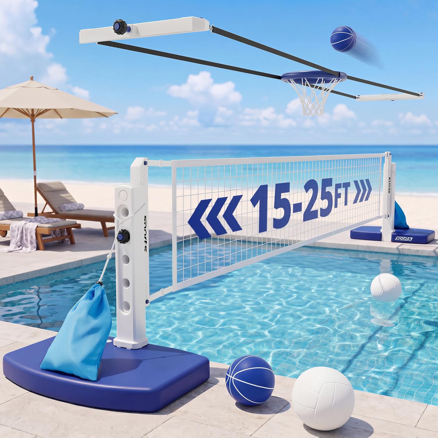 Kids Outdoor Volleyball Net - Zwembad volleybal- en basketbalcomboset, verstelbaar zwembadnet